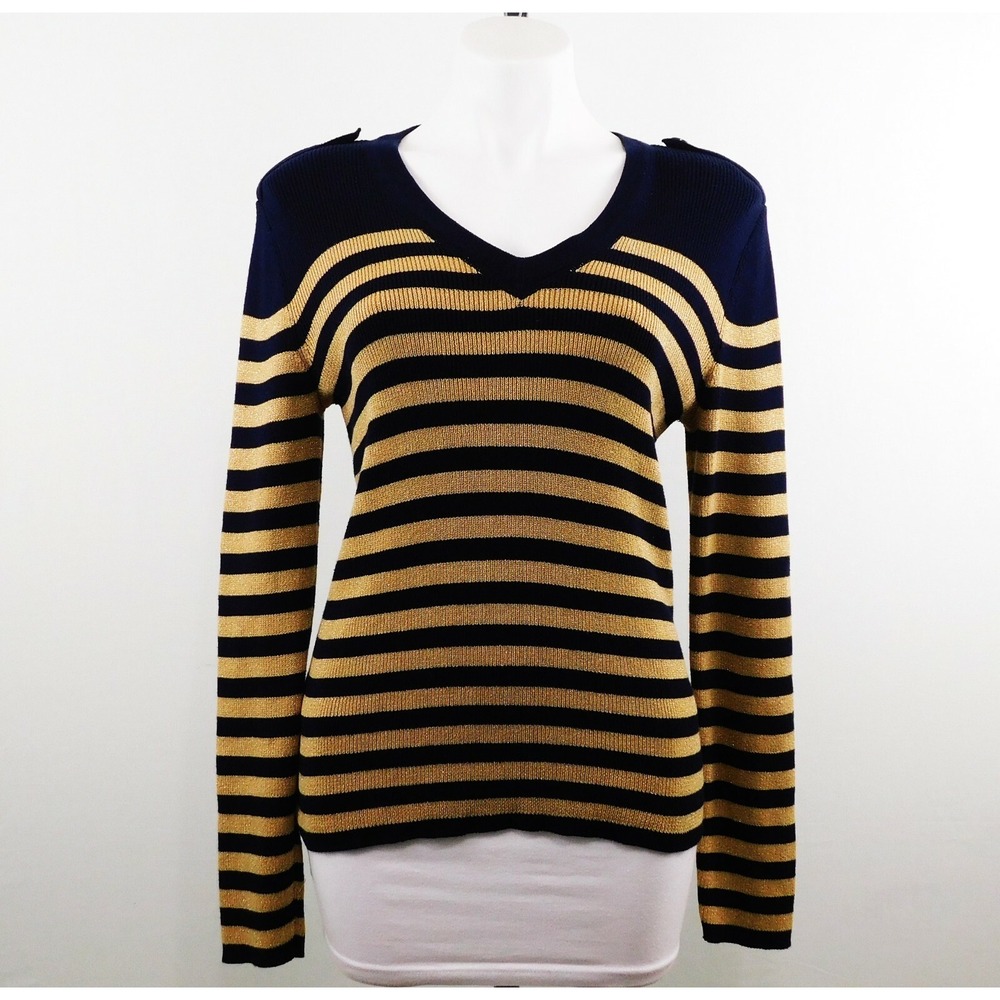 Lauren Jean Women Sweater, Size M, Blue/Gold,‎ 95% Cotton, 3% Poly, 2% Metallic